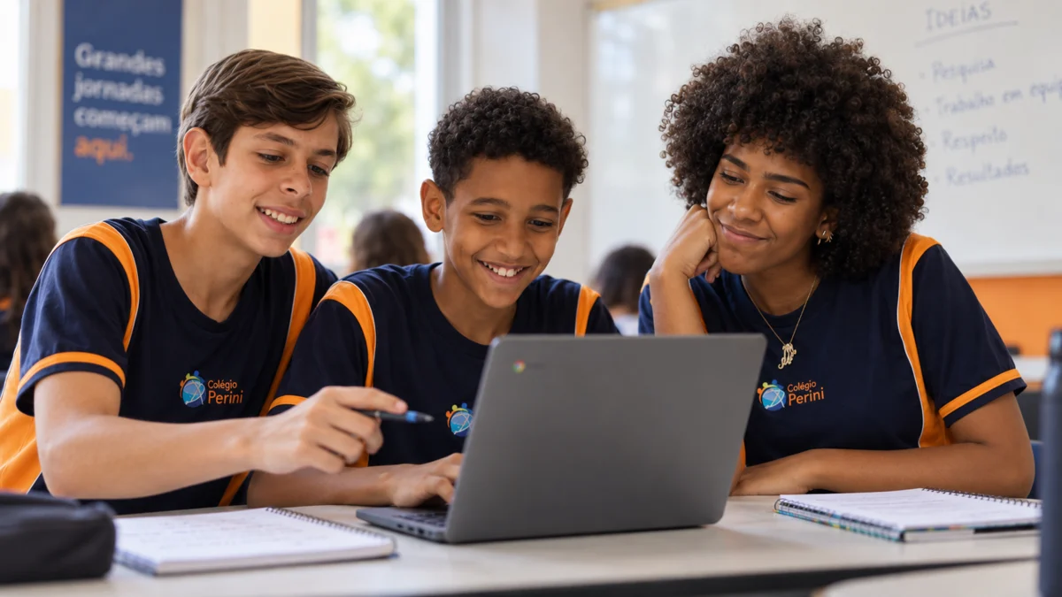 Estudantes do Colégio Perini utilizando Chromebook em atividade colaborativa de aprendizagem