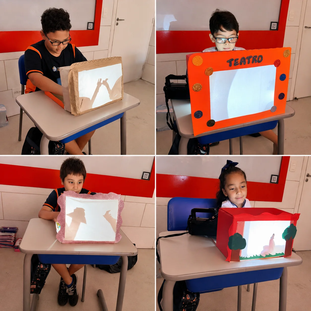 Estudantes do Ensino Fundamental I em atividade de teatro de sombras no Colégio Perini